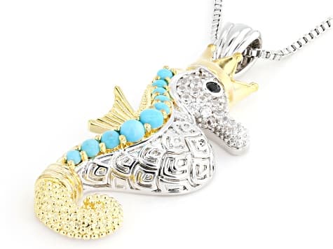 Blue Composite Turquoise Rhodium Plated Two-Tone Pendant with Chain 0.27ctw