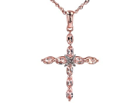 Peach Morganite 18k Rose Gold Over Silver Cross Pendant With Chain 1.63ctw