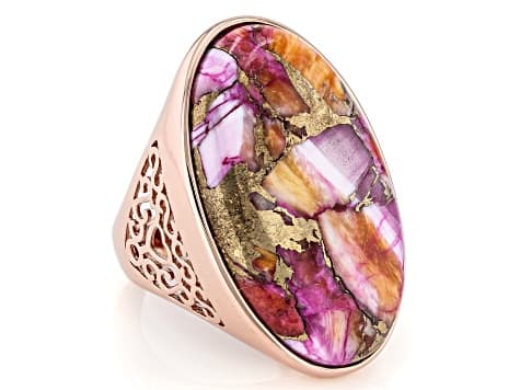Pink & Orange Spiny Oyster Shell Copper Solitaire Ring 30x18mm
