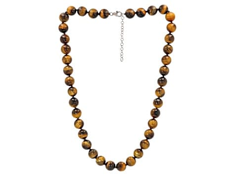 Brown Tiger Eye Rhodium Over Sterling Silver Bead Necklace