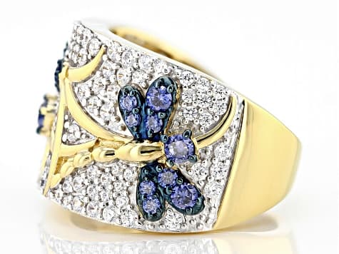 Blue And White Cubic Zirconia 18k Yellow Gold Over Sterling Silver Dragonfly Ring 2.36ctw