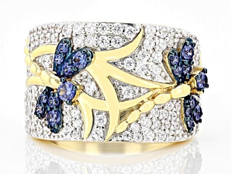 Blue And White Cubic Zirconia 18k Yellow Gold Over Sterling Silver Dragonfly Ring 2.36ctw