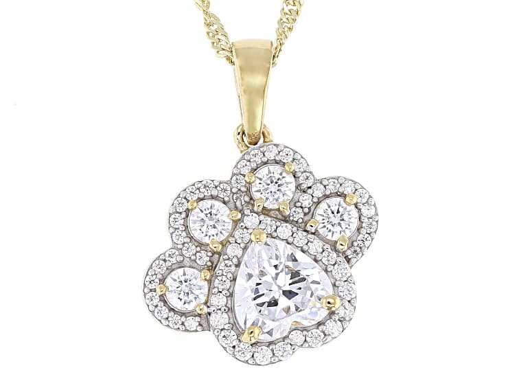 White Cubic Zirconia 18k Yellow Gold Over Silver "The Oliver" Paw Print Pendant 3.03ctw