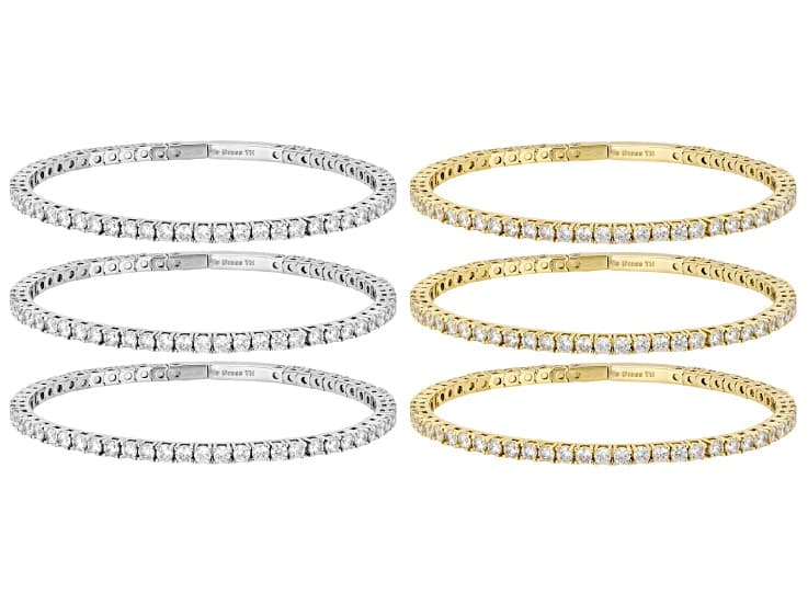 White Cubic Zirconia Rhodium and 18k Yellow Gold Plated Flex Bangle Set of 6 55.38ctw