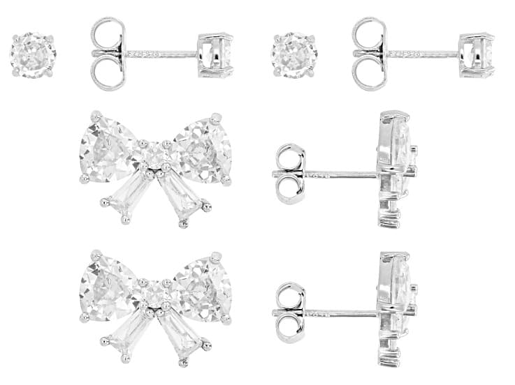 White Cubic Zirconia Rhodium Over Sterling Silver Bow Earring and Stud Set of 4 14.14ctw