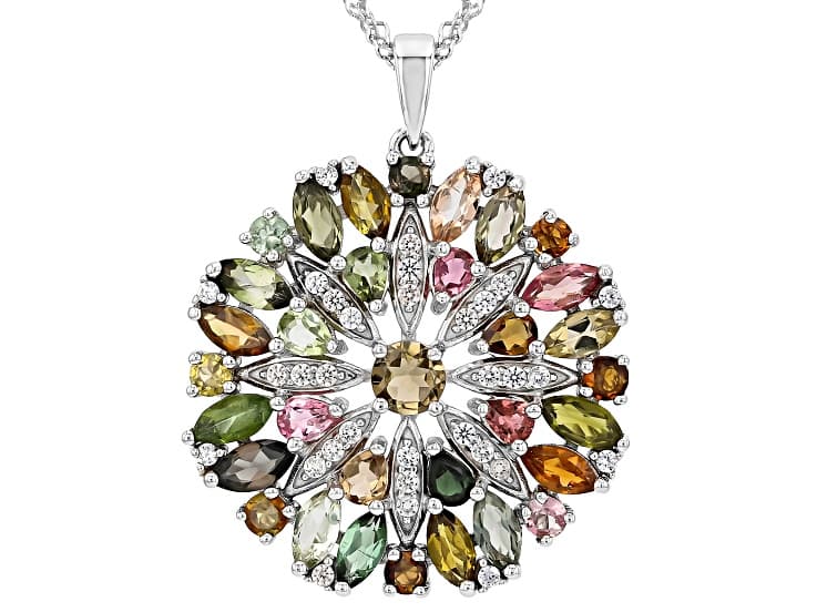 Multi-Tourmaline Rhodium Over Sterling Silver Pendant 6.88ctw