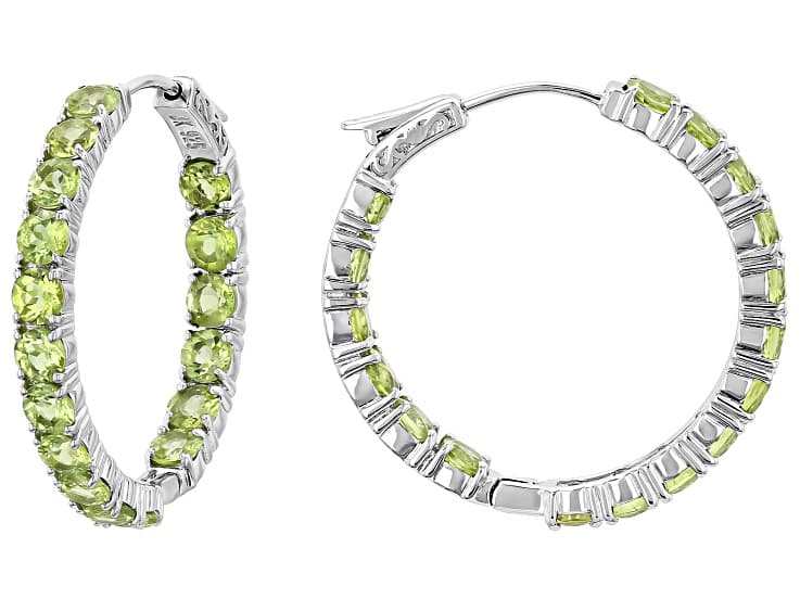 Green Peridot Rhodium Over Sterling Silver Hoop Earrings 8.84ctw