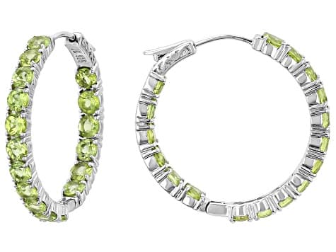 Green Peridot Rhodium Over Sterling Silver Hoop Earrings 8.84ctw