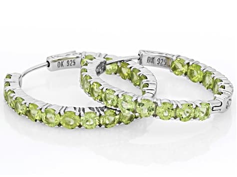 Green Peridot Rhodium Over Sterling Silver Hoop Earrings 8.84ctw