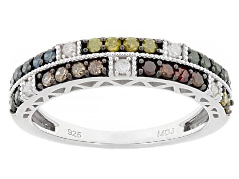 Multi-Color And White Diamond Rhodium Over Sterling Silver Band Ring 0.50ctw