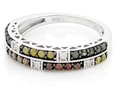 Multi-Color And White Diamond Rhodium Over Sterling Silver Band Ring 0.50ctw