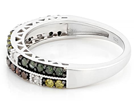 Multi-Color And White Diamond Rhodium Over Sterling Silver Band Ring 0.50ctw