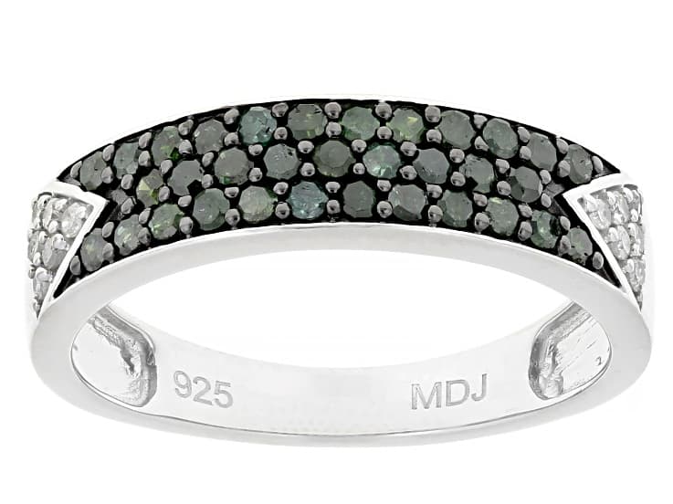 Green And White Diamond Rhodium Over Sterling Silver Band Ring 0.50ctw