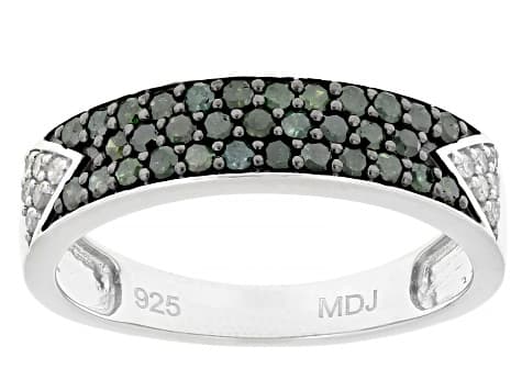 Green And White Diamond Rhodium Over Sterling Silver Band Ring 0.50ctw