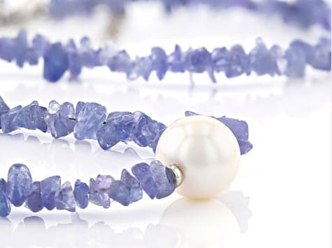 Blue Tanzanite Free-form Rhodium Over Silver Necklace