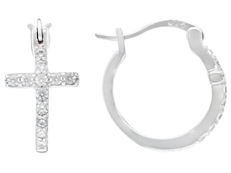 White Cubic Zirconia Rhodium Over Sterling Silver Cross Hoops 0.55ctw