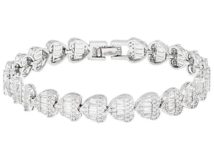 White Cubic Zirconia Rhodium Plated Heart Tennis Bracelet 22.48ctw