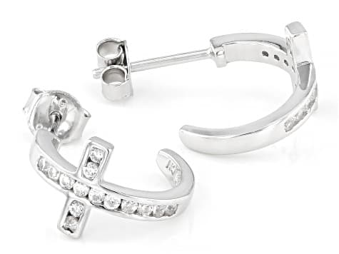White Cubic Zirconia Rhodium Over Sterling Silver Huggie Cross Earrings 0.70ctw