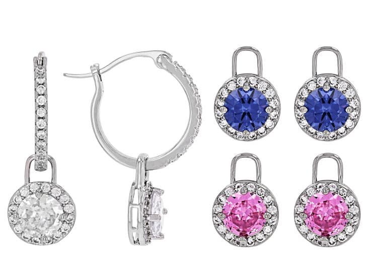 Blue, Pink, and White Cubic Zirconia Rhodium Plated Interchangeable Earring Set 14.29ctw