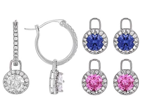 Blue, Pink, and White Cubic Zirconia Rhodium Plated Interchangeable Earring Set 14.29ctw
