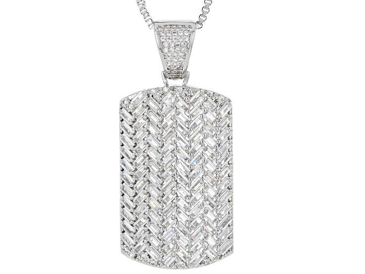 White Cubic Zirconia Rhodium Plated Dog Tag Pendant 7.52ctw