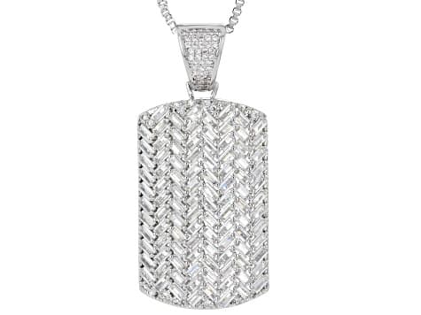White Cubic Zirconia Rhodium Plated Dog Tag Pendant 7.52ctw