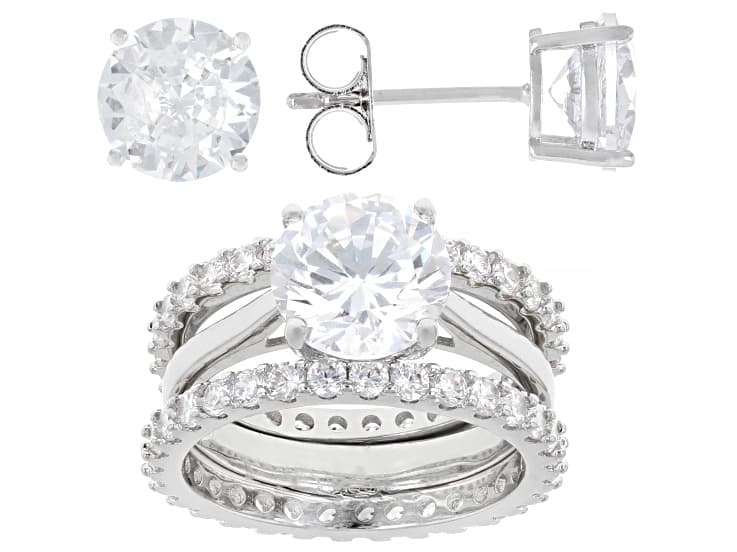 White Cubic Zirconia Rhodium Plated Ring and Stud Set 13.28ctw