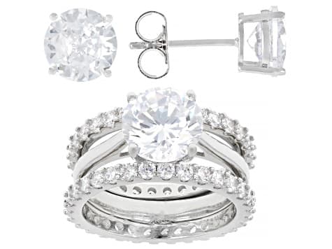 White Cubic Zirconia Rhodium Plated Ring and Stud Set 13.28ctw