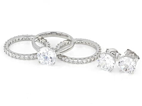 White Cubic Zirconia Rhodium Plated Ring and Stud Set 13.28ctw