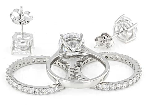 White Cubic Zirconia Rhodium Plated Ring and Stud Set 13.28ctw