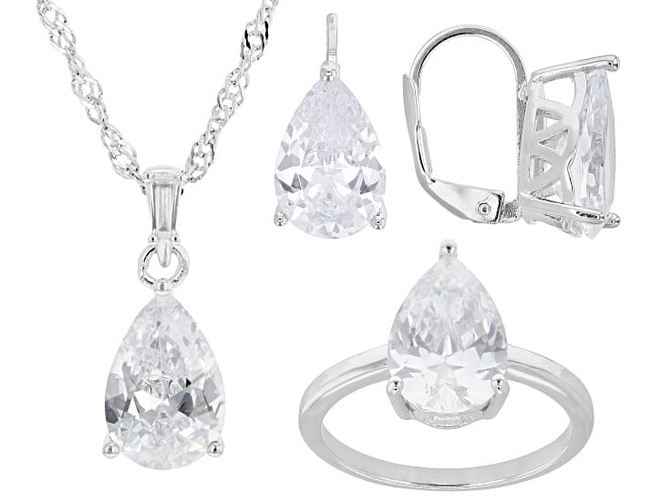White Cubic Zirconia Rhodium Plated Ring, Pendant, and Earrings Set 17.87ctw