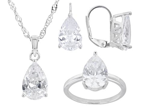 White Cubic Zirconia Rhodium Plated Ring, Pendant, and Earrings Set 17.87ctw