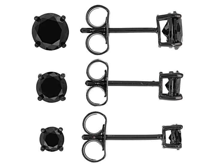 Black Cubic Zirconia Black Rhodium Plated Stud Set of 3 6.42ctw