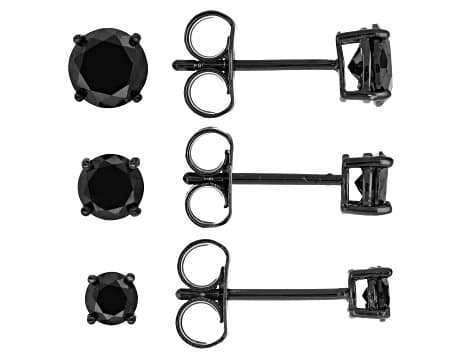 Black Cubic Zirconia Black Rhodium Plated Stud Set of 3 6.42ctw