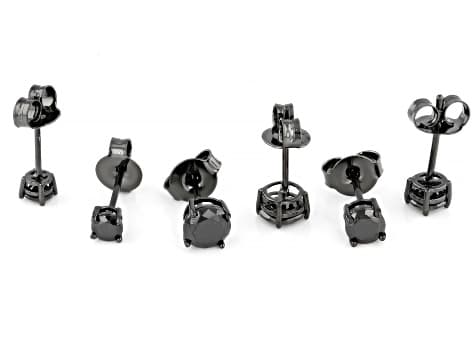 Black Cubic Zirconia Black Rhodium Plated Stud Set of 3 6.42ctw