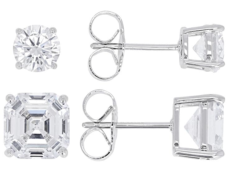 Asscher Cut White Cubic Zirconia Rhodium Plated Earrings Set of 2 4.25ctw