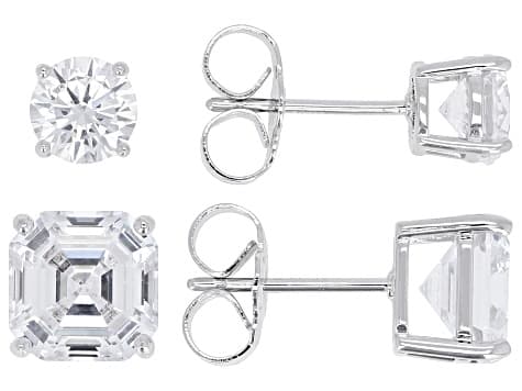 Asscher Cut White Cubic Zirconia Rhodium Plated Earrings Set of 2 4.25ctw