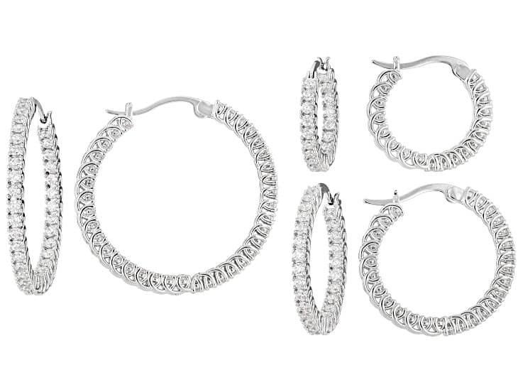 White Cubic Zirconia Rhodium Plated Hoop Earrings- Set of 3 6.22ctw