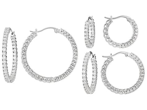 White Cubic Zirconia Rhodium Plated Hoop Earrings- Set of 3 6.22ctw