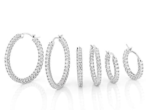 White Cubic Zirconia Rhodium Plated Hoop Earrings- Set of 3 6.22ctw