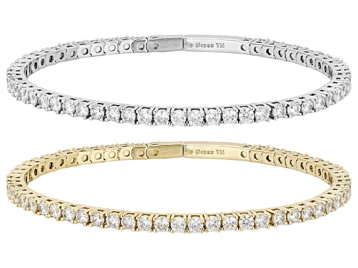 White Cubic Zirconia Rhodium And 18k Yellow Gold Plated Flex Bangle Set of 2 18.46ctw