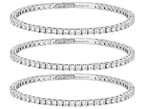 White Cubic Zirconia Rhodium Plated Flex Bangle Set of 3 27.69ctw