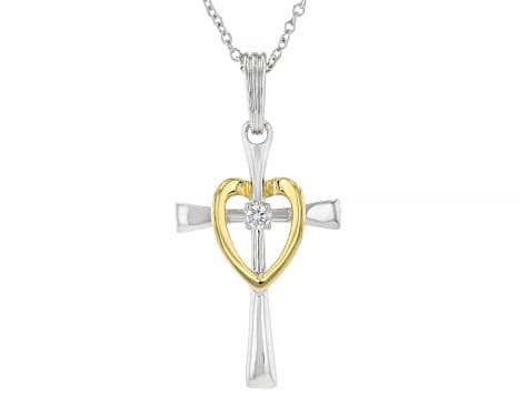 White Cubic Zirconia Rhodium And 18k Yellow Gold Plated Cross Pendant With Chain