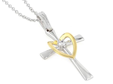 White Cubic Zirconia Rhodium And 18k Yellow Gold Plated Cross Pendant With Chain