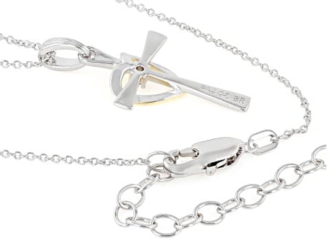 White Cubic Zirconia Rhodium And 18k Yellow Gold Plated Cross Pendant With Chain