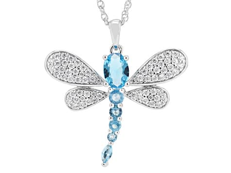 Blue Glass and White Cubic Zirconia Rhodium Plated Dragonfly Pendant 2.35ctw
