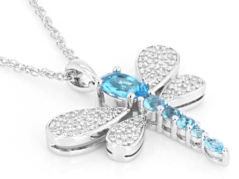 Blue Glass and White Cubic Zirconia Rhodium Plated Dragonfly Pendant 2.35ctw