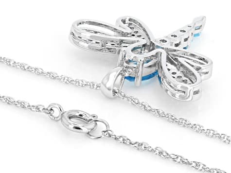 Blue Glass and White Cubic Zirconia Rhodium Plated Dragonfly Pendant 2.35ctw