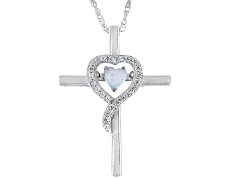 Lab Created Opal and White Cubic Zirconia Rhodium Over Sterling Silver Pendant 0.29ctw
