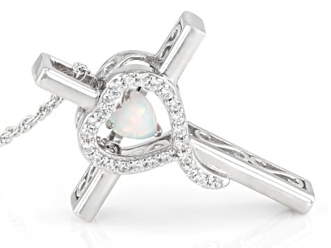 Lab Created Opal and White Cubic Zirconia Rhodium Over Sterling Silver Pendant 0.29ctw